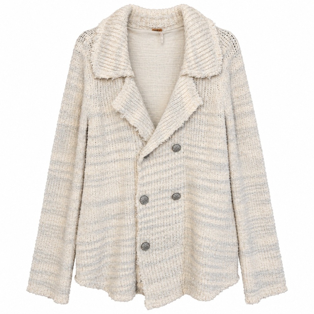 Free People Double Breasted Cardigan Womens Small Cream Grey Excellent Boho Knit